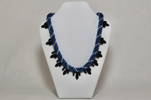 Black Dagger and Blue and Silver Spiral Beaded Kumihimo Necklace